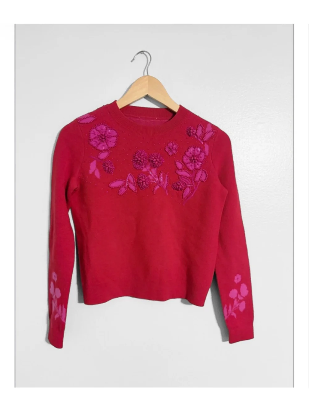 Kate Spade 100% wool Beaded Sweater  Not a bright red , hint of cranberry in